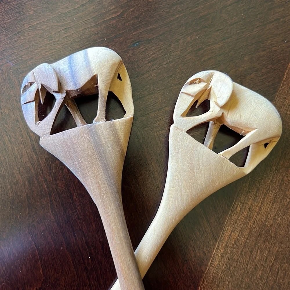 Vintage Small Wooden salad servers carved Elephant design